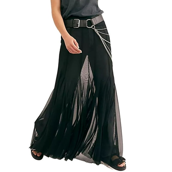 Michellecmm Women’s Sheer Mesh Long Skirts Elastic Waist Ruffle Hem Flowy Skirts