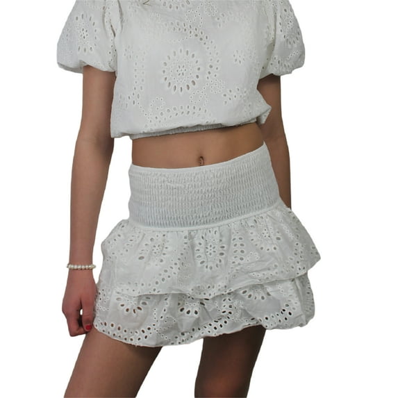 Michellecmm Women's Shirred Mini Skirt A-Line Pointelle High Waist Layered Ruffle Skirt