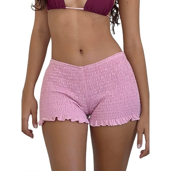 Michellecmm Women's Shirred Shorts Casual Elastic Waist Solid Color Ruffled Short Pants for Summer