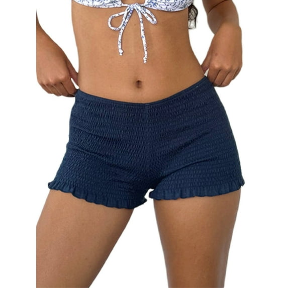 Michellecmm Women's Shirred Shorts Casual Elastic Waist Solid Color Ruffled Short Pants for Summer