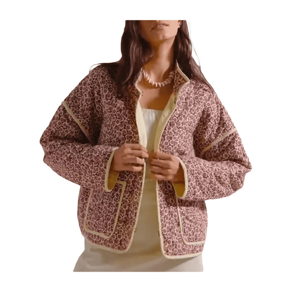 Michellecmm Women's Short Puffer Jacket Floral Print Stand Collar Open Front Quilted Coat Fall Winter Long Sleeve Padded Jacket Outerwear