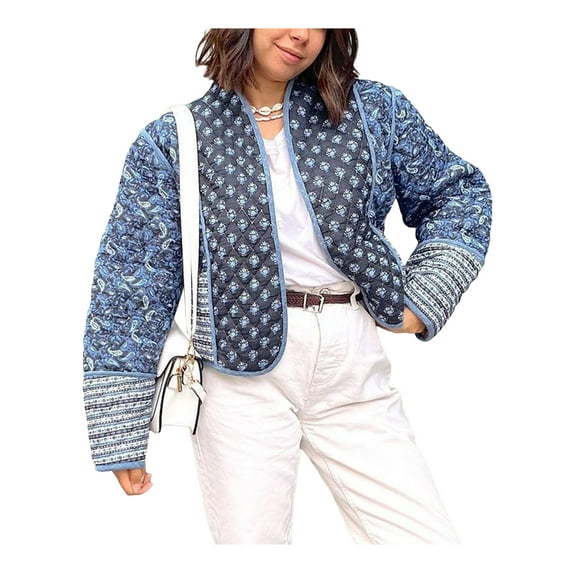 Michellecmm Women's Short Puffer Jacket Floral Print Stand Collar Open Front Quilted Coat Fall Winter Long Sleeve Padded Jacket Outerwear