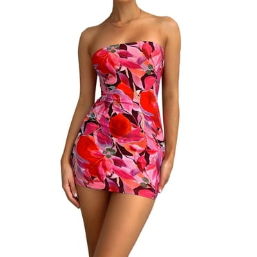 Michellecmm  Women's Sleeveless Backless Off Shoulder Pattern Print Bandeau Dress