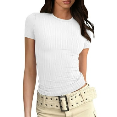 Michellecmm  Women's Slim Fit Round Neck Short Sleeve Stretchy Ribbed Tops