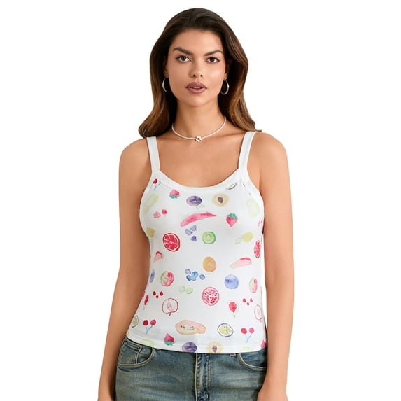 Michellecmm Women's Slim Fit Scoop Neck Bowl Cherry Print Crop Tank Tops
