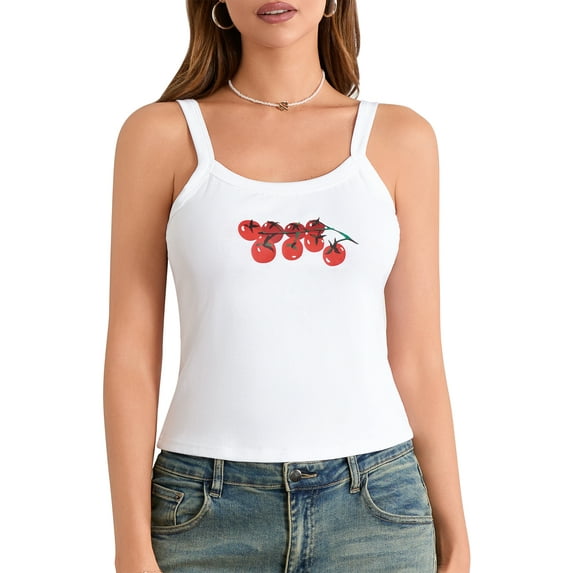 Michellecmm Women's Slim Fit Scoop Neck Bowl Cherry Print Crop Tank Tops