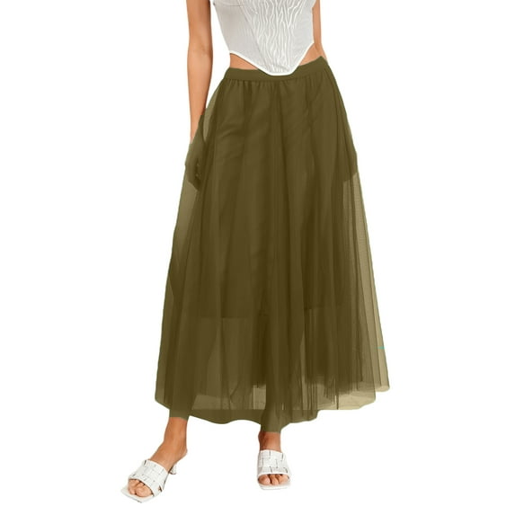 Michellecmm Women's Solid Color Long Skirts Layered Tulle Elastic Waist Skirts