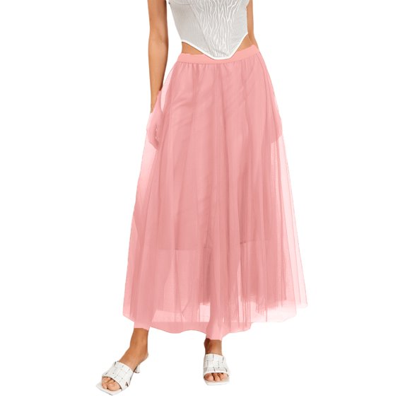 Michellecmm Women's Solid Color Long Skirts Layered Tulle Elastic Waist Skirts