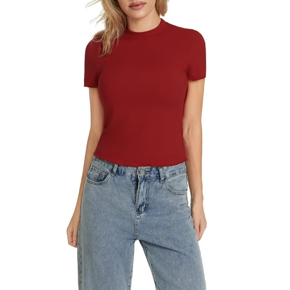 Michellecmm Women's Solid Color Tops Short Sleeve Crew Neck Lettuce Trim T-Shirts