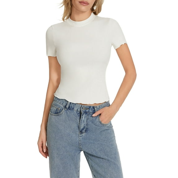 Michellecmm Women's Solid Color Tops Short Sleeve Crew Neck Lettuce Trim T-Shirts