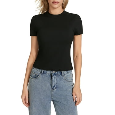 Michellecmm  Women's Solid Color Tops Short Sleeve Crew Neck Lettuce Trim T-Shirts