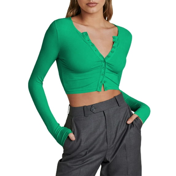 Michellecmm Women's Solid Long Sleeve V-Neck Single Breasted Cropped Cardigan