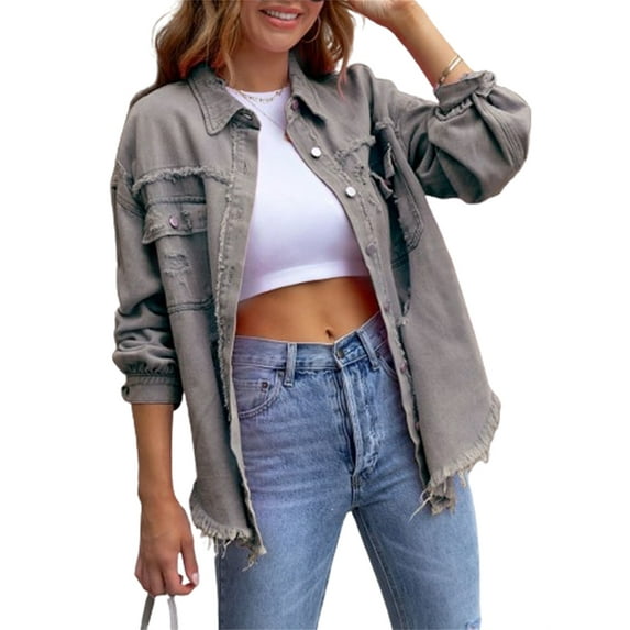 Michellecmm Women's Spring Autumn Denim Coat Lapel Long Sleeve Solid Color Button Up Ripped Jacket