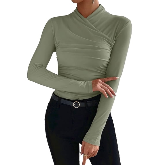 Michellecmm Women's Spring Elegant Slim Tops Solid Color Long Sleeve High Neck Ruched Wrap T-Shirt Clubwear