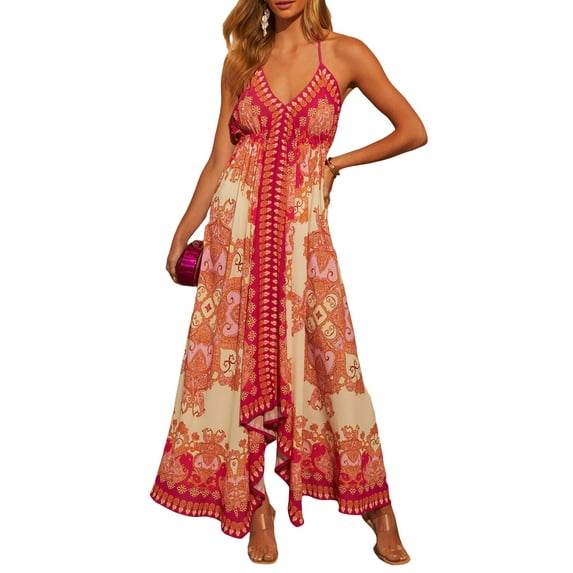 Michellecmm Women's Spring Halter Dresses Stylish Floral Print V Neck Sleeveless Loose Fit Long Dresses for Summer