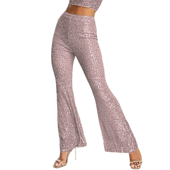 Michellecmm Women's Spring High Waist Elastic Band Sequins Bell-bottom Pants