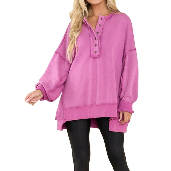 Michellecmm Women's Spring Solid Color Long Sleeve V Neck Button Up Pullover