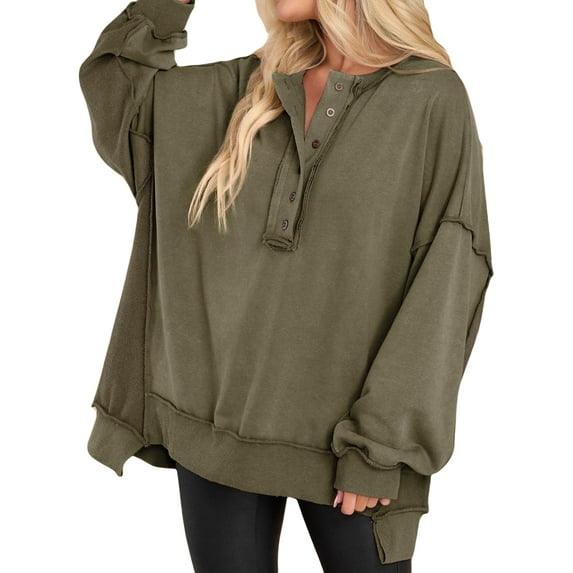 Michellecmm Women's Spring Solid Color Long Sleeve V Neck Button Up Pullover