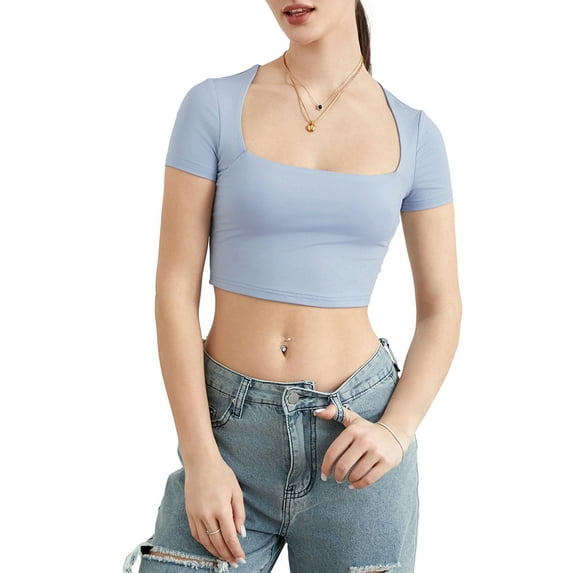 Michellecmm Women's Square Neck Crop Tops Short Sleeve Slim Fitted T-Shirts