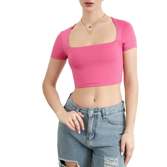 Michellecmm Women's Square Neck Crop Tops Short Sleeve Slim Fitted T-Shirts