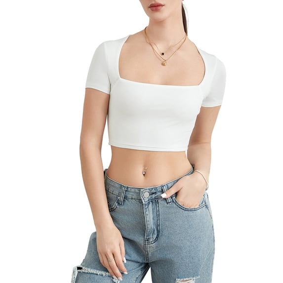 Michellecmm Women's Square Neck Crop Tops Short Sleeve Slim Fitted T-Shirts