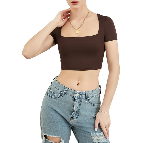 Michellecmm Women's Square Neck Crop Tops Short Sleeve Slim Fitted T-Shirts