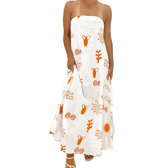 Michellecmm Women's Strapless Long Dress Fashion Sun Print Sleeveless Tube Dress