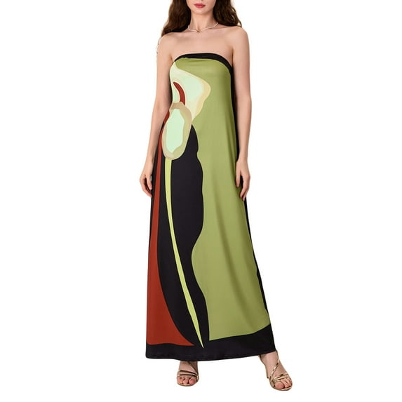 Michellecmm Women's Strapless Long Dress Sleeveless Abstract Print Loose Tube Dress