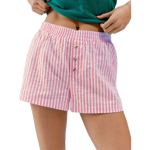 Michellecmm Women's Stripe Print Pajama Shorts Elastic Waist Button Decor Straight Leg Sleeping Short Pants