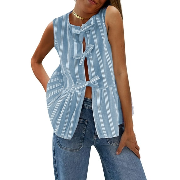 Michellecmm Women's Striped Tank Tops Loose Round Neck Front Tie Up Ruffled Sleeveless Blouse for Summer