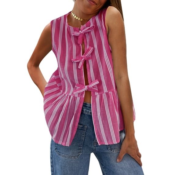 Michellecmm Women's Striped Tank Tops Loose Round Neck Front Tie Up Ruffled Sleeveless Blouse for Summer