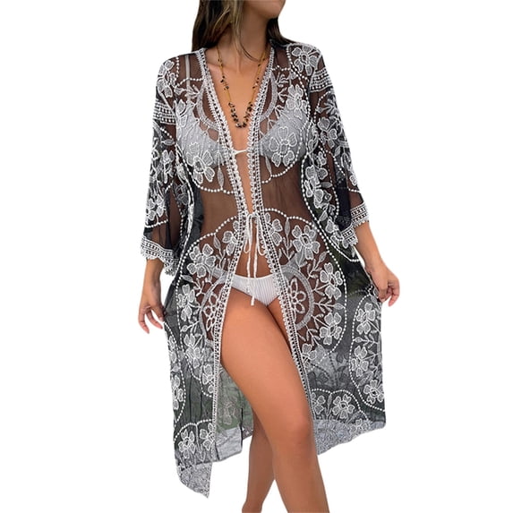 Michellecmm Women's Summer 3/4 Sleeve Pattern Print Tie Up Bikini Cover Up
