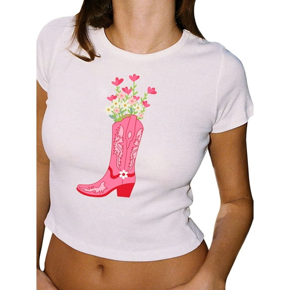 Michellecmm Women's Summer Baby Tee Strawberry/Bow Print Short Sleeve Cropped Tops