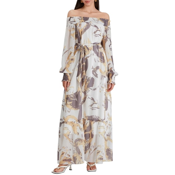 Michellecmm Women's Summer Belted Dress Off Shoulder Long Sleeve Abstract Print Long Dress Chiffon Dress