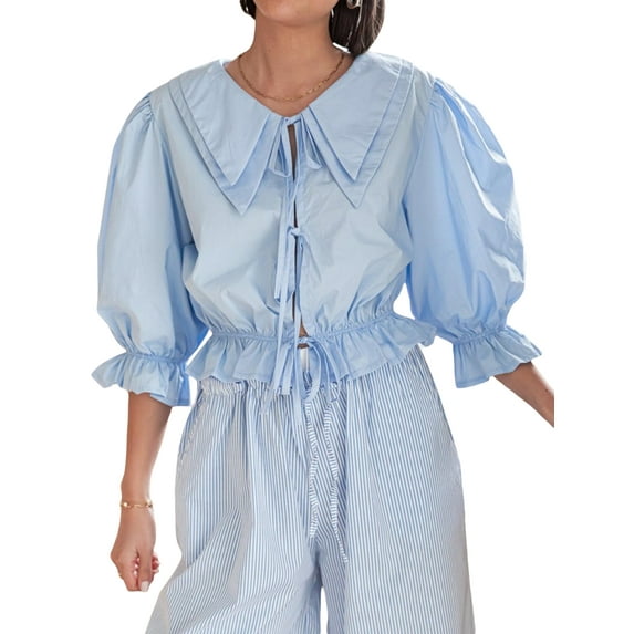 Michellecmm Women's Summer Blouses Tie Front Ruffle Tops Puff Sleeve Pointed Collar Slim Fit T-Shirts