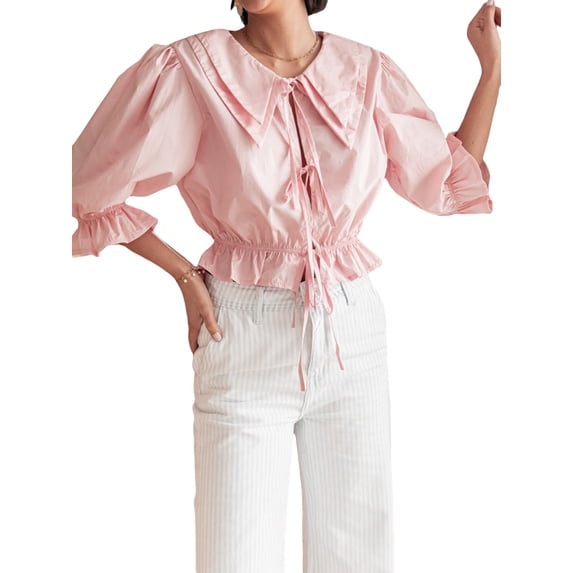 Michellecmm Women's Summer Blouses Tie Front Ruffle Tops Puff Sleeve Pointed Collar Slim Fit T-Shirts