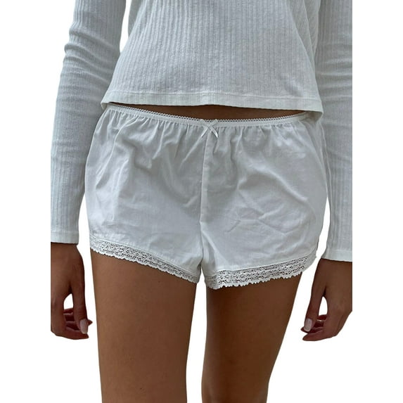 Michellecmm Women's Summer Casual Shorts, Solid Color Elastic Waist Lace Trim Lounge Short Pants