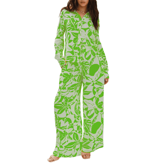 Michellecmm Women's Summer Clothes 2Pcs Outfits Leaf Print Long Sleeve Lapel Button Tops + Loose Long Pants Set Streetwear