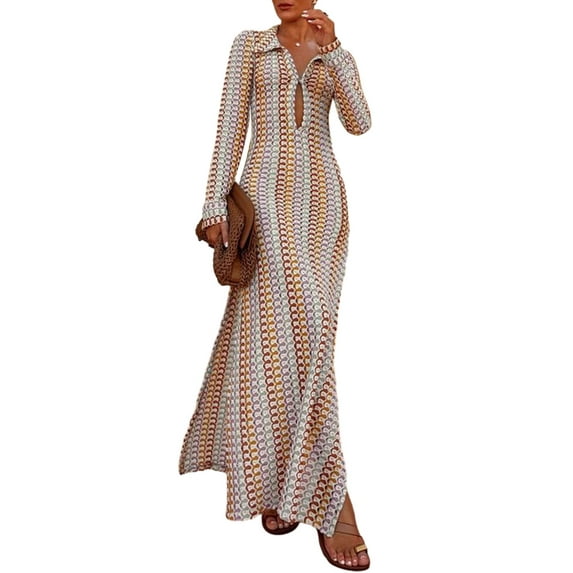 Michellecmm Women's Summer Crochet Long Dress Deep V-Neck Long Sleeve Thigh Slit Slim Beach Dress