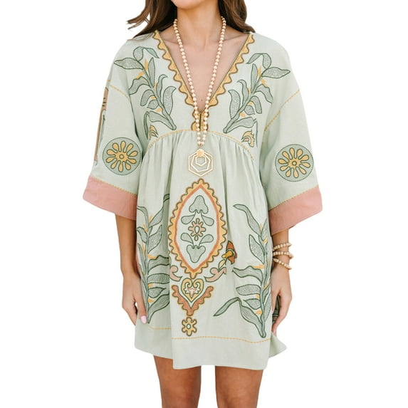 Michellecmm Women's Summer Floral Print Dress Half Sleeves V-Neck Loose Fit Short Dress for Beach