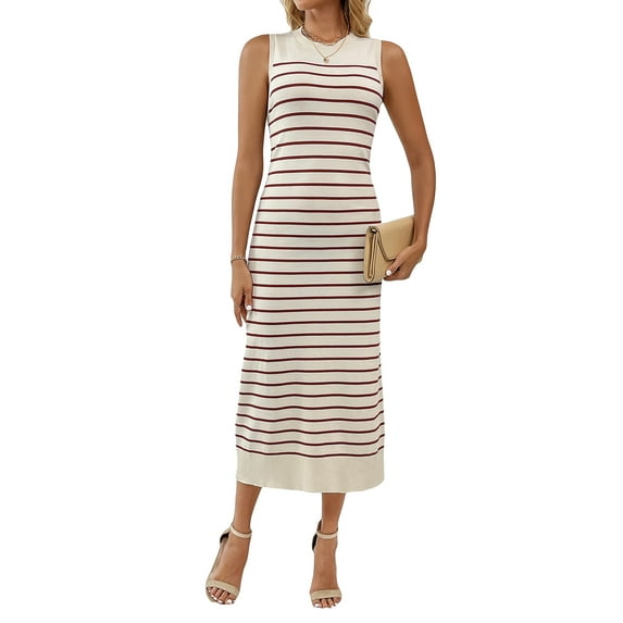 Michellecmm Women's Summer Knit Tank Dress Stripe Print Sleeveless Round Neck Slim Long Dress