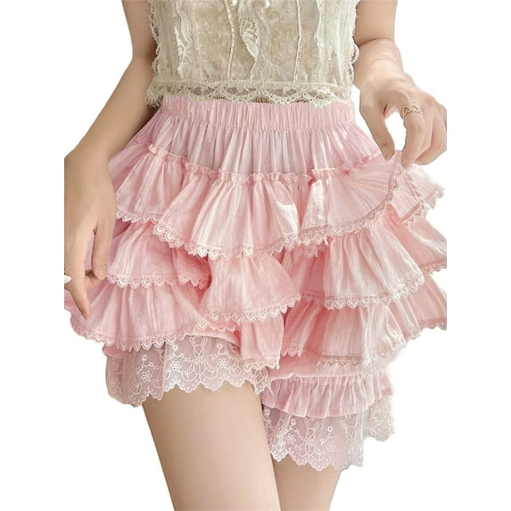 Michellecmm Women's Summer Lace Trim Shorts Elastic Band Tiered Tulle Culottes