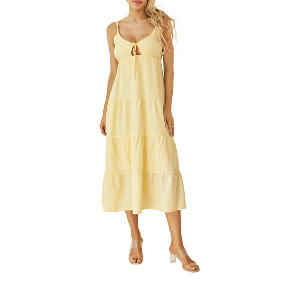 Michellecmm Women's Summer Midi Cami Dress Solid Color Spaghetti Strap Backless Tie-Up Party Beach A-line Dress