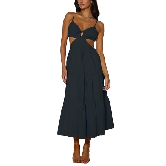 Michellecmm Women's Summer Midi Cami Dress Solid Color Spaghetti Strap V-Neck Cutout Beach Flowy Dress