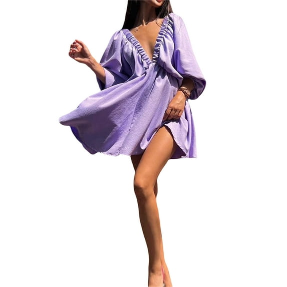 Michellecmm Women's Summer Mini Dress Long Lantern Sleeve Deep V Neck A-Line Dress