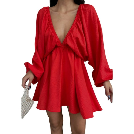Michellecmm Women's Summer Mini Dress Long Lantern Sleeve Deep V Neck A-Line Dress