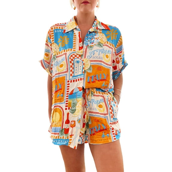 Michellecmm Women's Summer Outfit, Fashion Print Lapel Neck Short Sleeve Shirt Drawstring Shorts 2 Piece Casual Set
