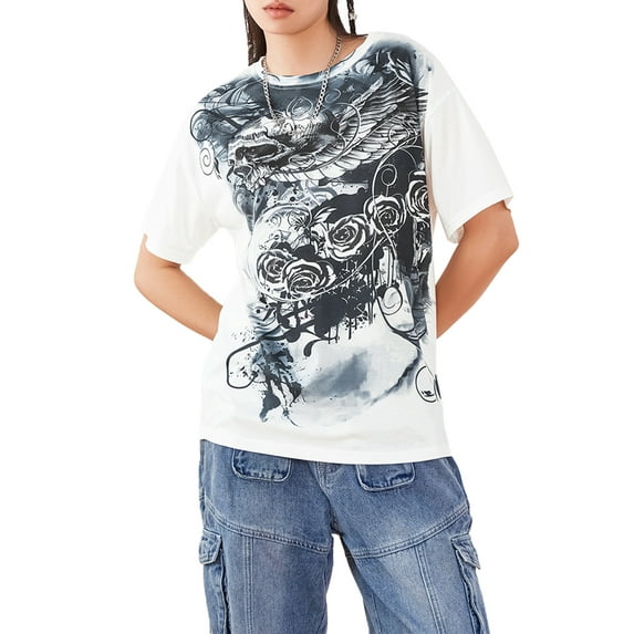 Michellecmm Women's Summer Short Sleeve Crewneck Skull Print Loose Gothic Tops