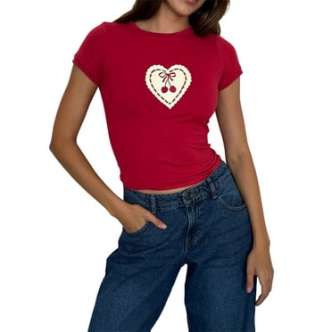 Michellecmm  Women's Summer Slim Crop Tops Cherry Print Short Sleeve T-Shirt