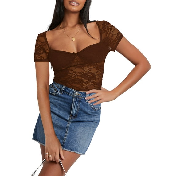 Michellecmm Women's Summer Slim Crop Tops Short Sleeve Low Cut Sheer Lace Floral Club T-shirt